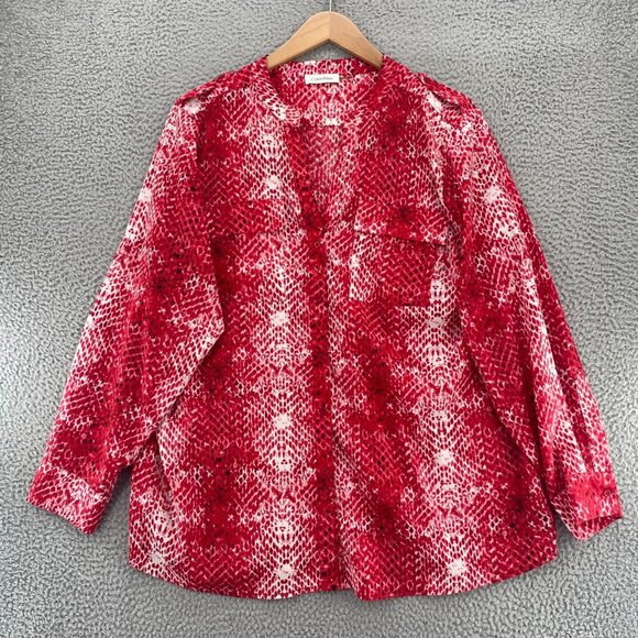 Calvin Klein Blouse Womens XL Red Snake Print Button Long Sleeve Tunic V Neck - Picture 1 of 9